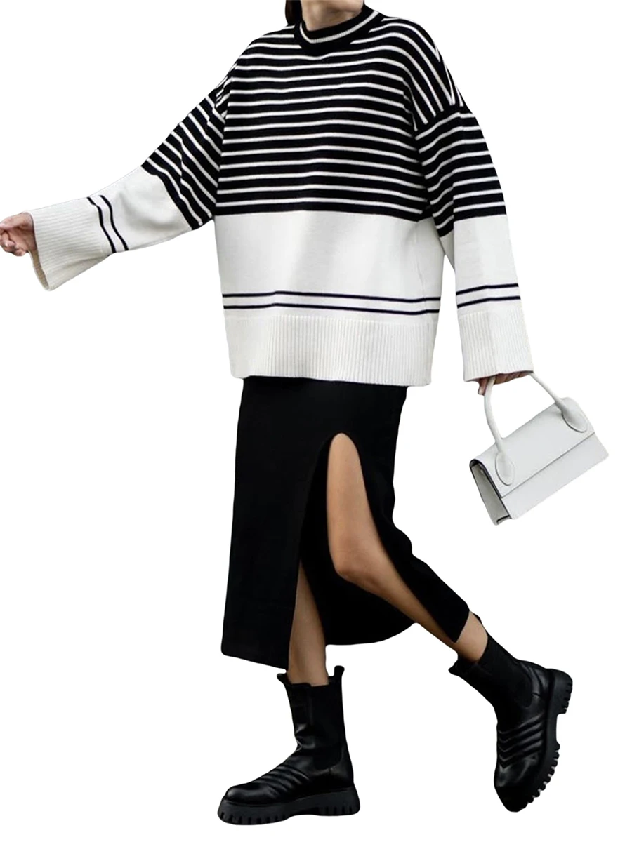 

Women Fashion Wild Sweater Stripe Mock Neck Long Sleeve Loose Pullovers Autumn Winter Casual Knitted Tops