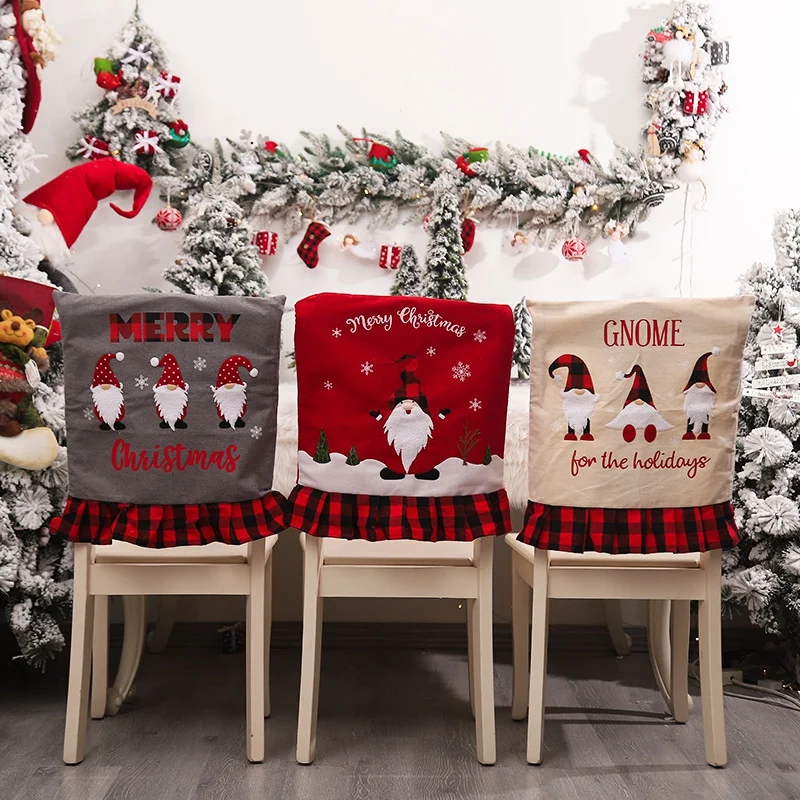 

Plaid Fabric Chair Cover Linen Machine Embroidered Faceless Santa Chair Cover For Christmas Decorations