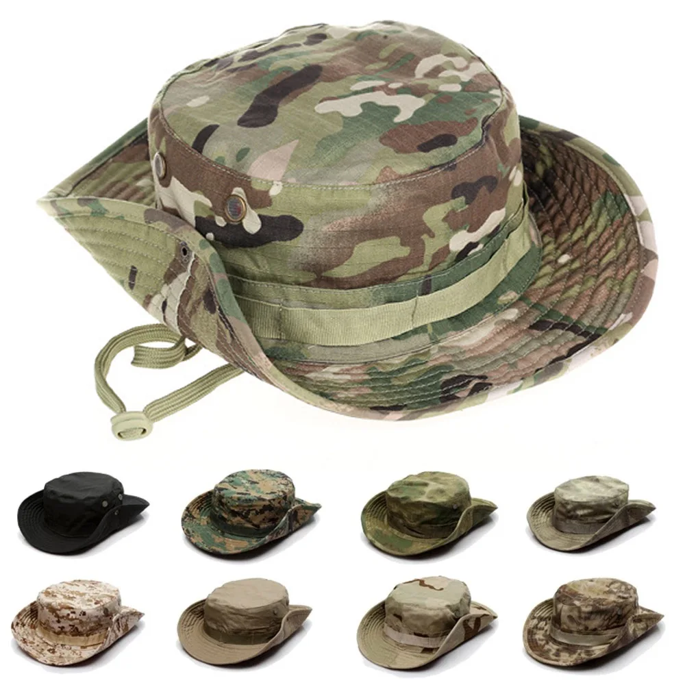 Tactical Military Boonie Hat  US Army Camouflage Bucket Hats Multicam Panama Summer Cap Hunting Hiking Outdoor Camo Sun Caps Men