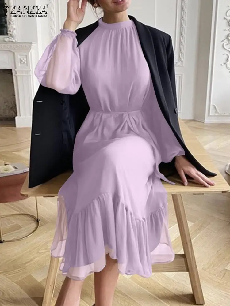 

Oversized Elegant Women Chiffon Dress ZANZEA Fashion OL Puff Sleeve Maxi Long Vestidos Casual Solid Belted Sundress Robe Longue