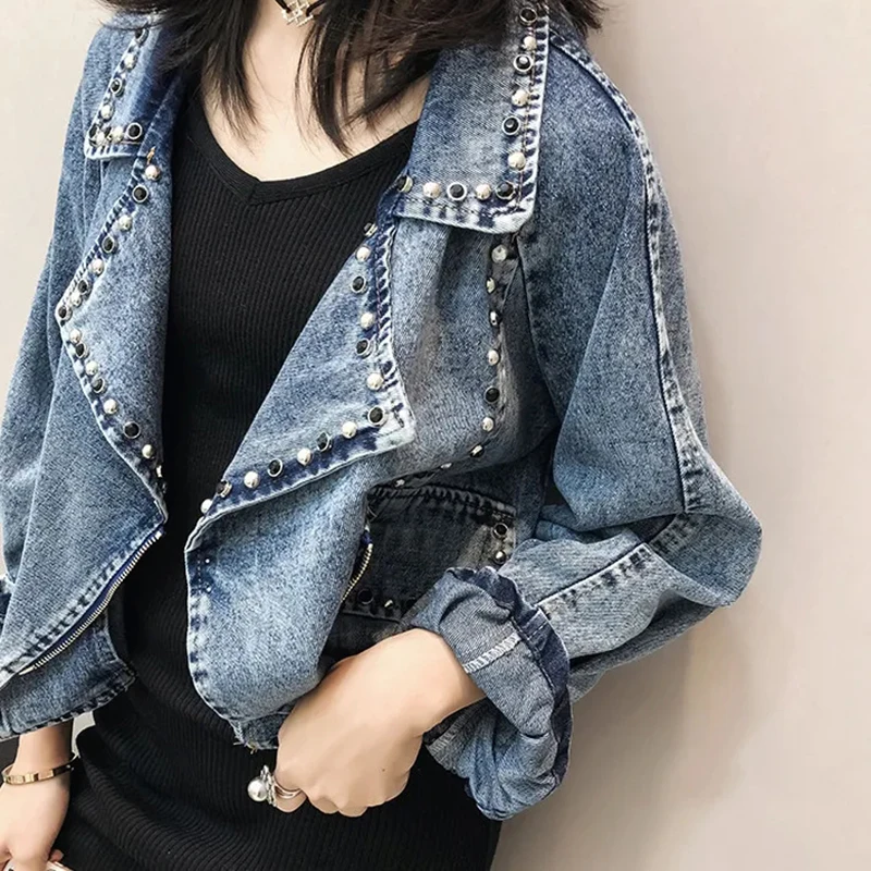 

New Women's Short Denim Jacket Spring Autumn Rivet Heavy Industry Loose Bomber Coats Casual Blazer Female Motorcycle Outerwear