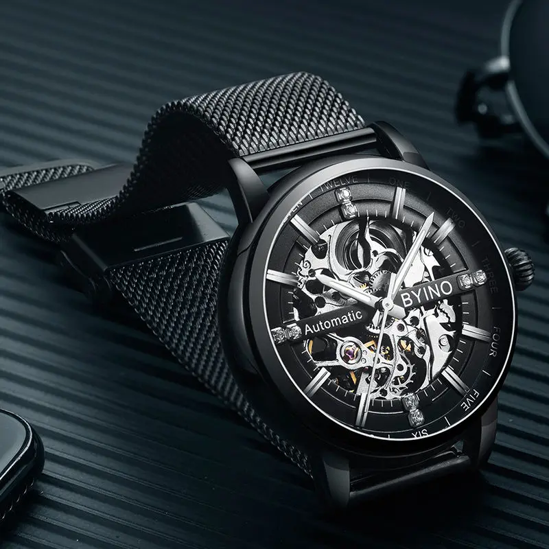 

Mesh Strap Skeleton Luxury Brand Man Watch Automatic Mechanical Black Watch For Men Fashion Tourbillon Business Wristwatch Clock