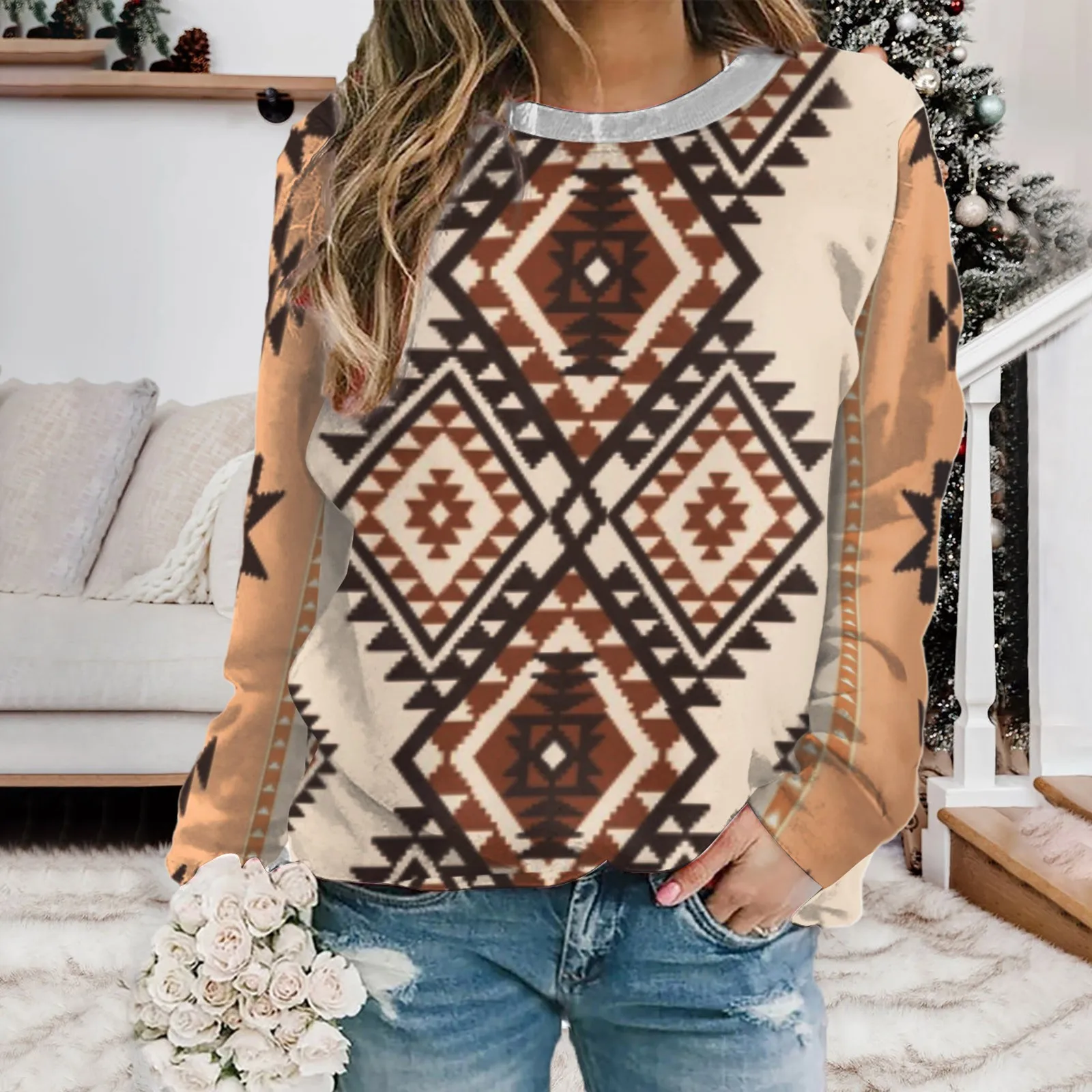 

Women's Sweatshirt Loose Round Neck Western Style Digital Print Ethnic Color Long Sleeve Top Spring Autumn Daily Streetwear 2023