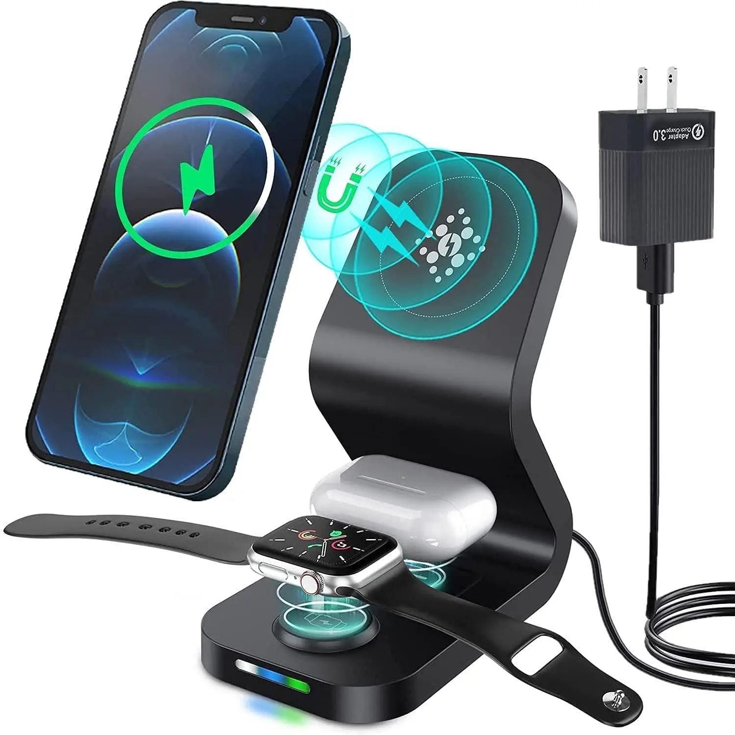 

[3 in 1] Magnetic Wireless Charger Compatible with MagSafe [30W QC 3.0 Adapter] [Strong Magnet] Fast Wireless Charging Staion