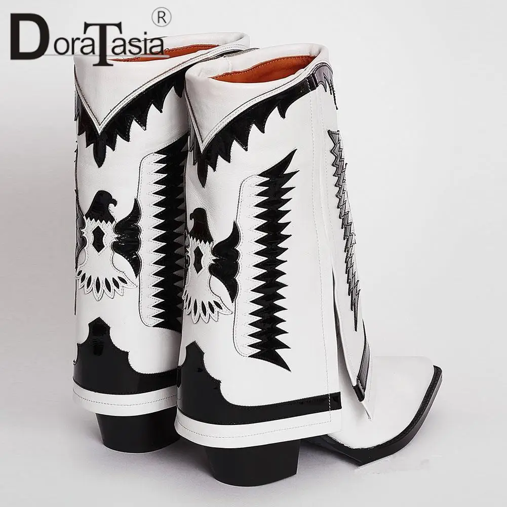 Brand New Ladies Pointed Toe Western Boots Fashion Embroider Mixed Colors Chunky Heels women's Boots Party Cowgirl Shoes Woman