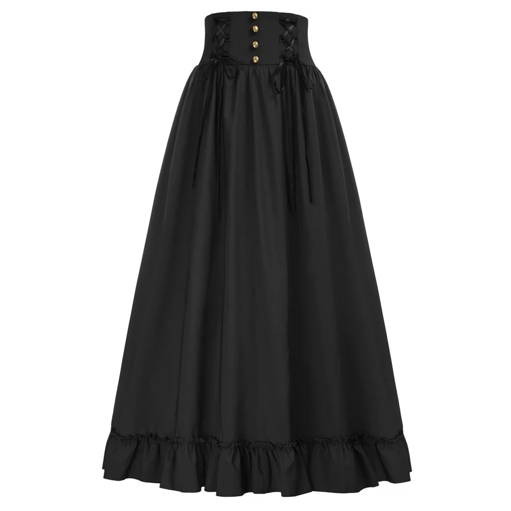 

SD Womens Renaissance Skirt Smocked Back Ruffled Hem Skirts Spring Fall Winter Summer Party Club Gothic Flared A-Line Maxi Skirt