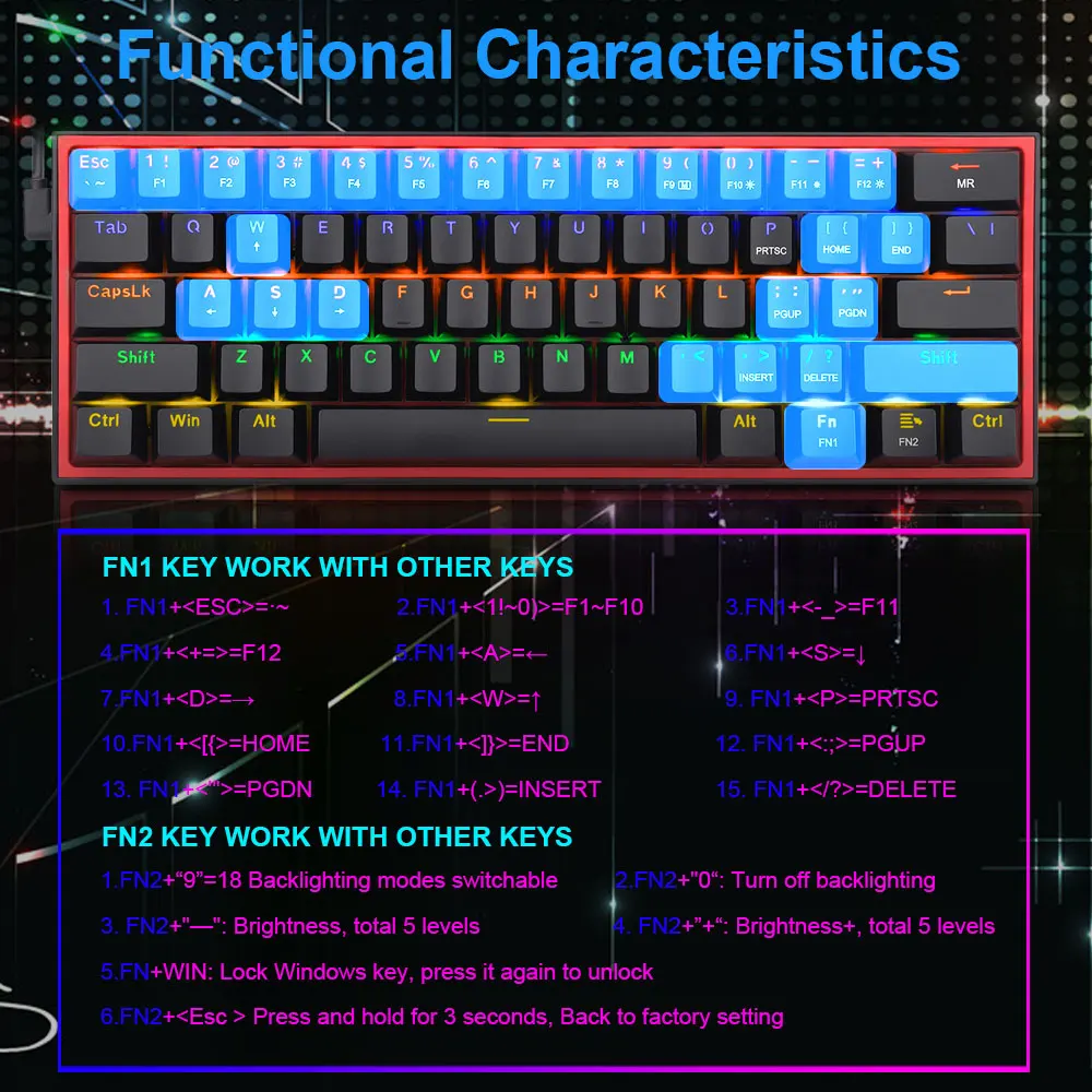 REDRAGON Fizz K617 Радуга USB мини Механическая игровая клавиатура синий переключатель 61