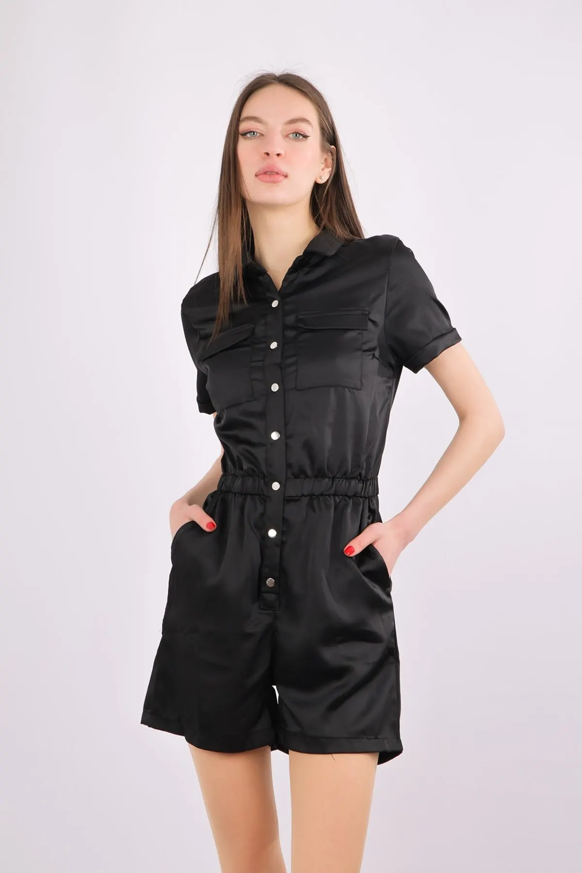 

Women's Overalls Black Short Sleeve Satin Shorts Jumpsuit Hot Casual Fashion Sleeveless Baggy Trousers Overalls