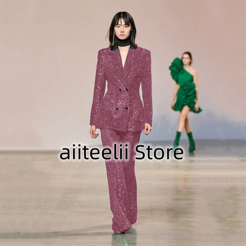 Women's Suit 2 Piece Set Sexy Sequins Retro Spike Lapel Fashion Slim Double Breasted Floor Length Trousers For Casual Party 2023