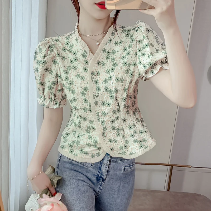 

Slim Waist Flower Blouse 2022 Summer New Floral Chiffon Shirt Design Short-Sleeved Thin and Versatile Tops