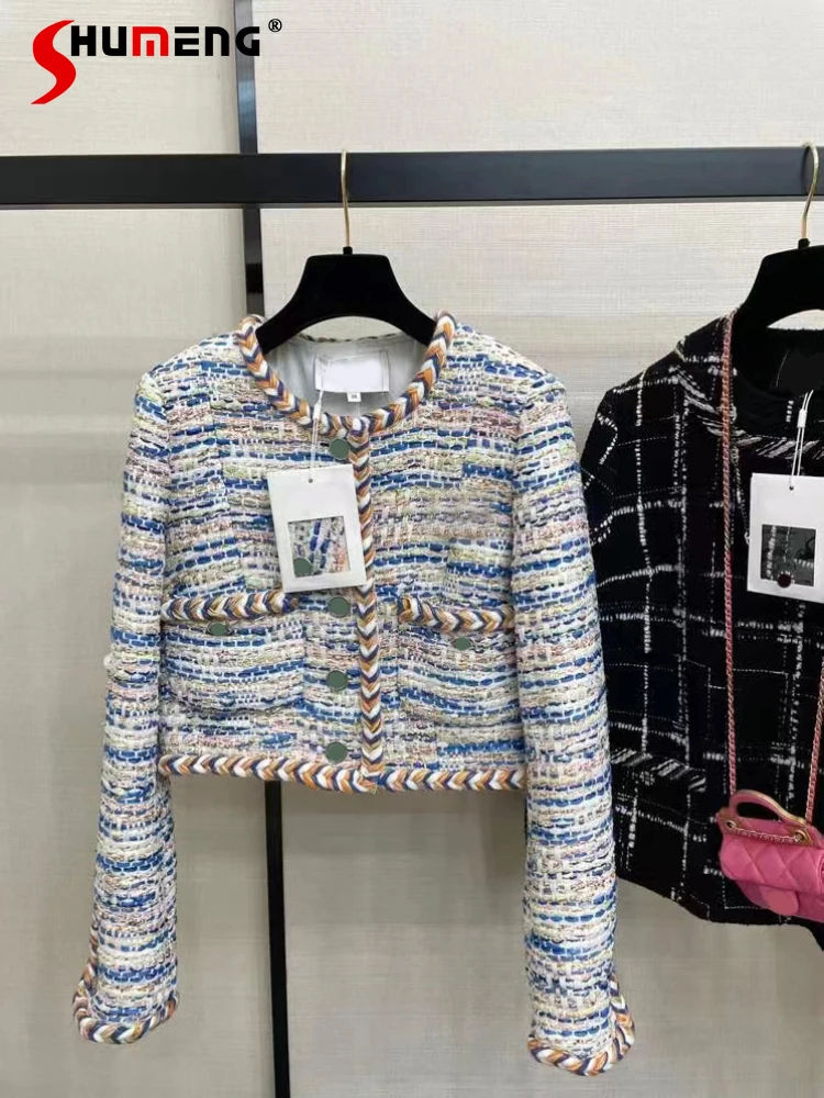 

Winter Women's Coat Colorful Woven Wool Tweed Jacket Elegant Socialite Long Sleeve Single Breasted Crop Jackets Autumn 2022