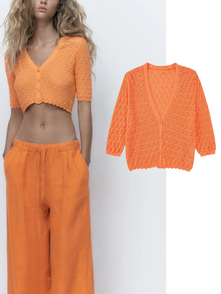 

TRAF Spring Summer Women Cardigan Knitted Sweater 2022 Fashion Single Breasted Knit Cardigans Coat Lady Loose Sweaters