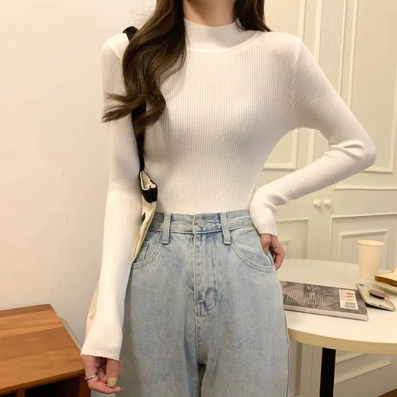 Модный вязаный свитер с длинными рукавами и круглым вырезом женский топ