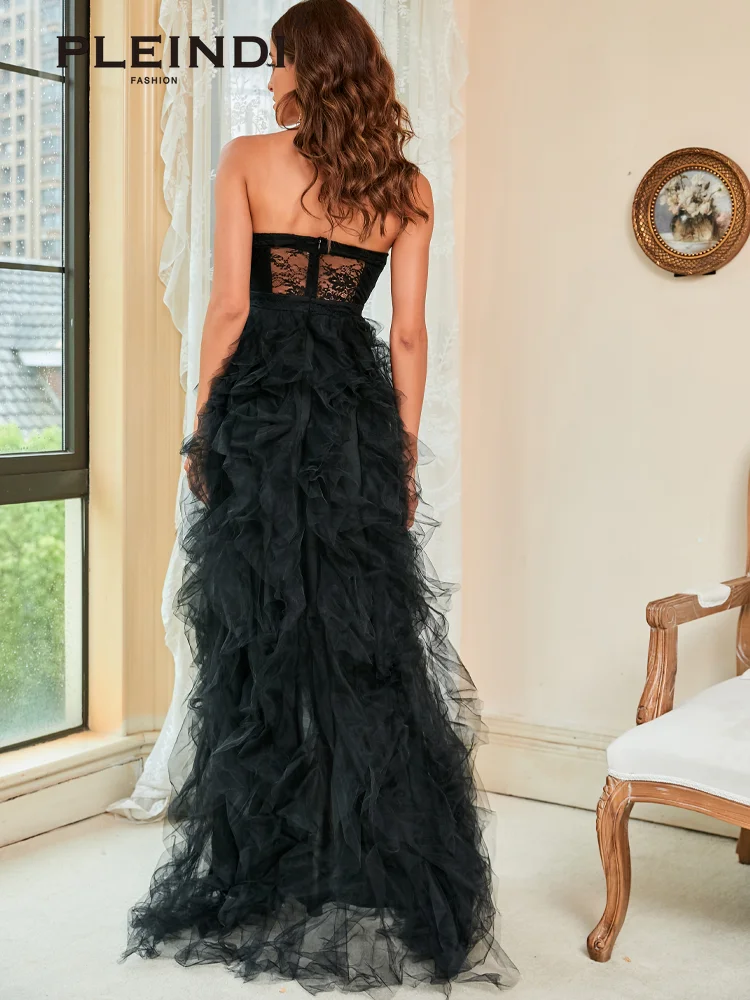 PLEINDI Elegant Evening Dresses Strapless Sleeveless A-shaped Floor-Length Lace 2022 New of Ruched Exquisite Prom Dress Women