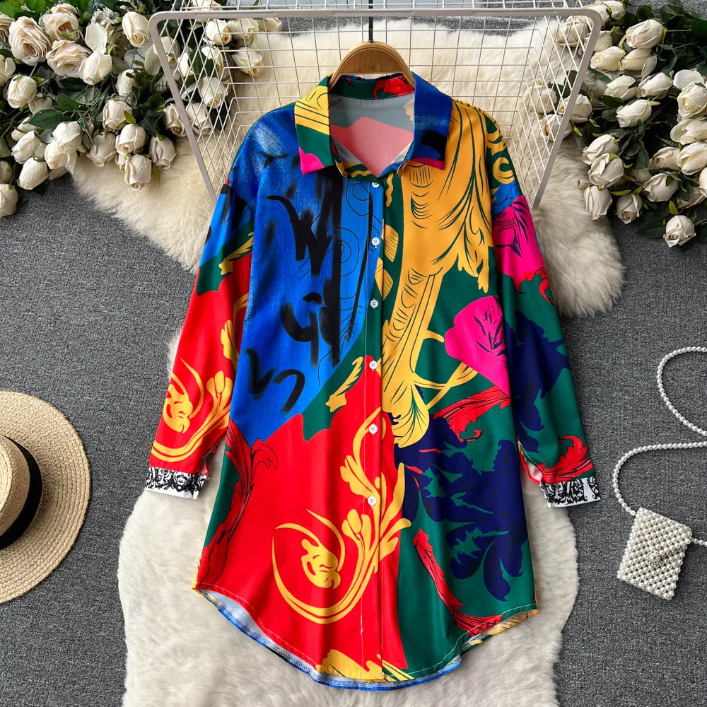 

Платье средней длины на подкладке, модное индивидуальное платье-рубашка с принтом и свободным рукавом, Повседневная рубашка