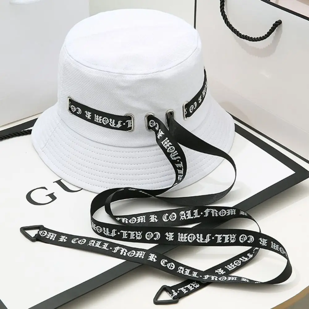 

Harajuku Fishing Panama Hat Outdoor Bucket Hat Fisherman Cap Letter Long Ribbon Summer Sun Caps