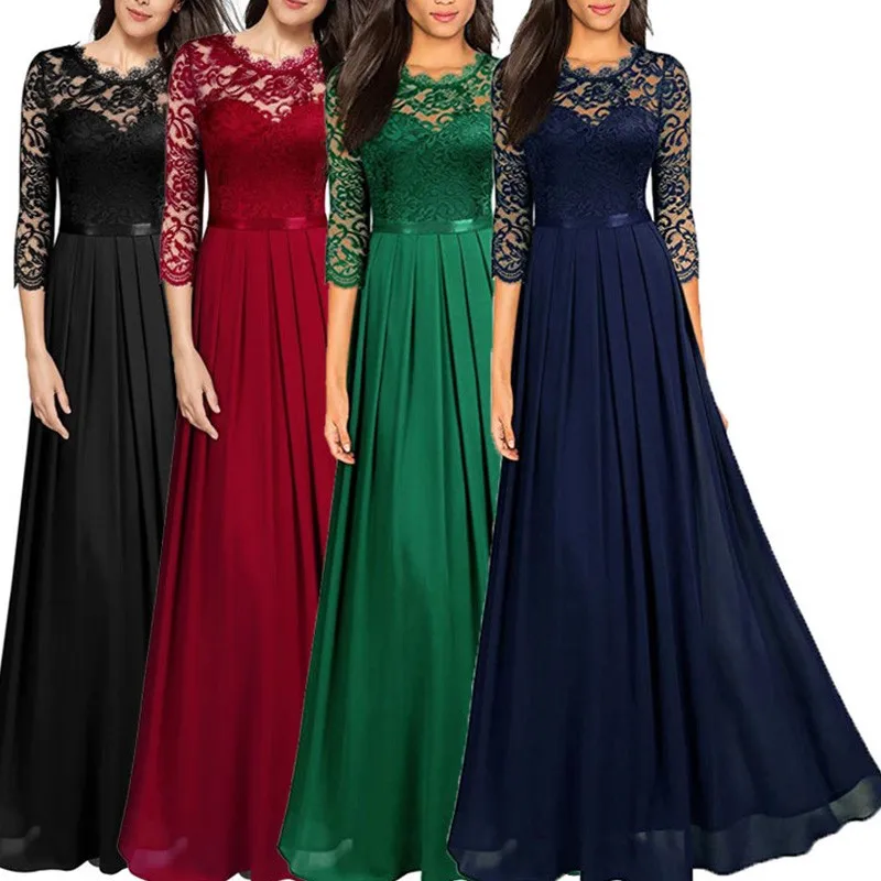 

BORRUICE Summer Vintage Sexy Lace Women Party Long Dress Elegant Embroidered Hollow Out Chiffon Maxi Dresses Lady Chic Dress