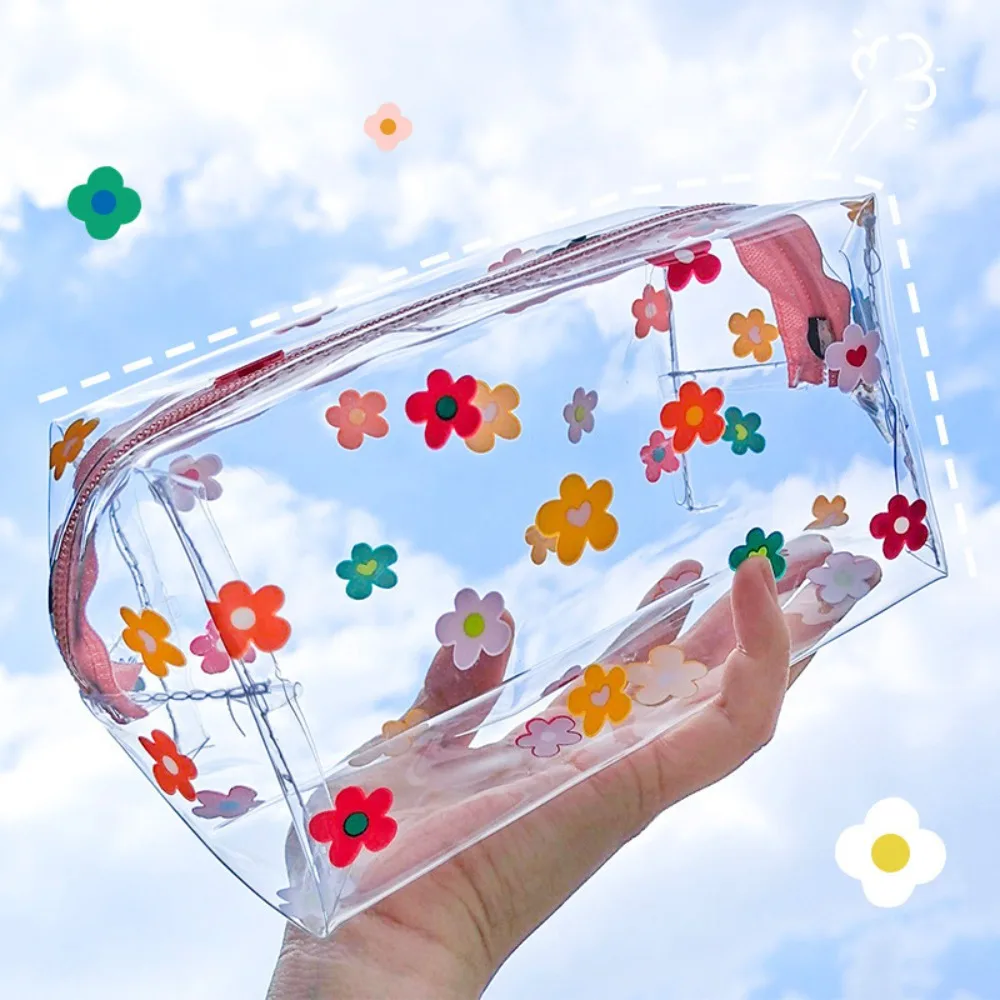 

Прозрачная водонепроницаемая сумка для карандашей из ПВХ, милая мультяшная косметичка с цветочным рисунком, портативная дорожная сумка для карандашей на молнии