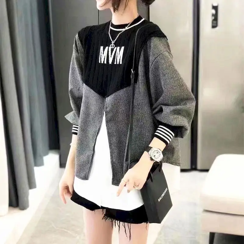 

Модные пуловеры для женщин, сезон осень-зима, модный топ, вязаный пуловер из двух частей, свободная верхняя одежда, вязаный Свитшот