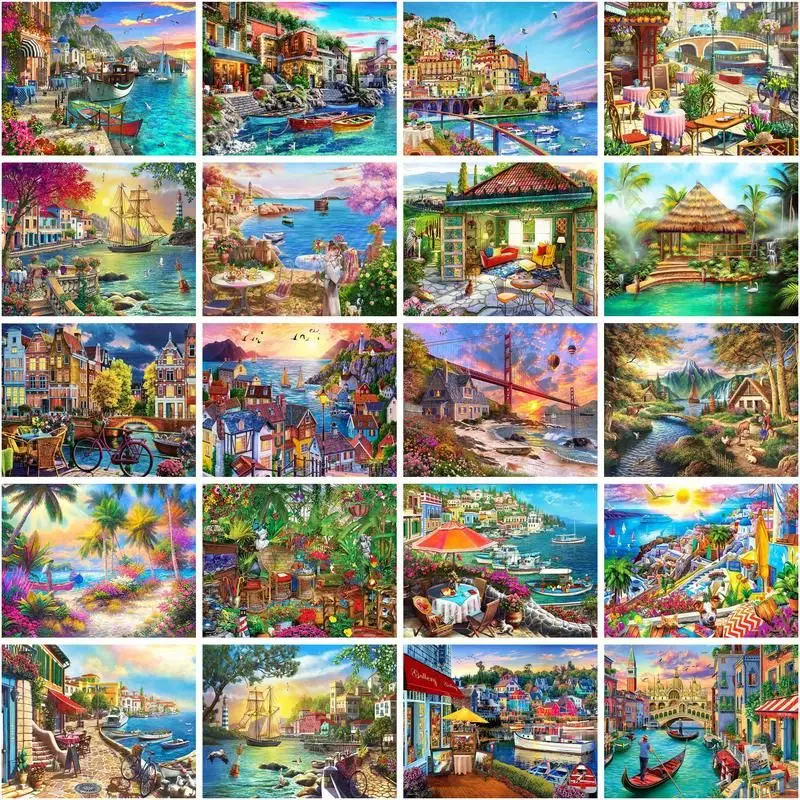 

CHENISTORY Diy Mosaic Round Diamond Embroidery Town Landscape Full 5d Square Diamond Painting Kit Hobbies Home Decor