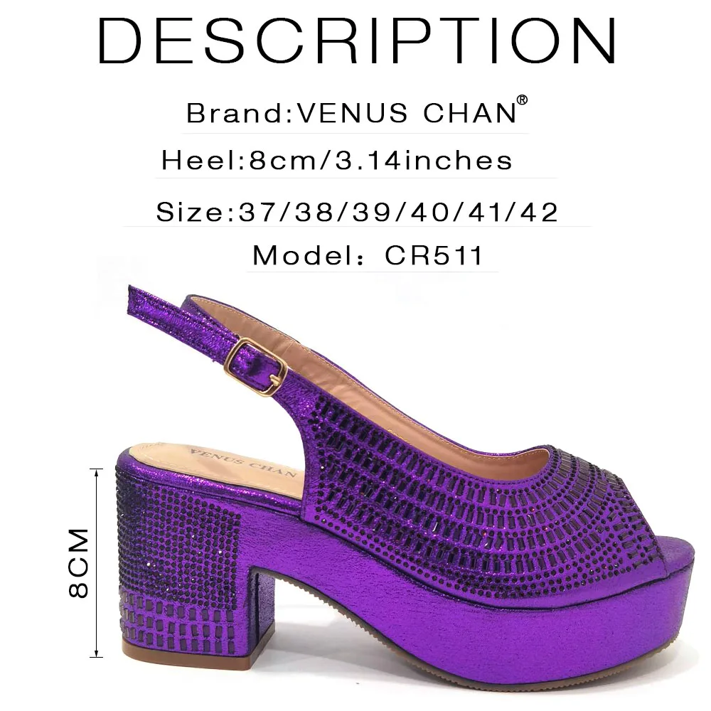 Venus Chan Latest Elegant Wedding Shoes for Women 2023 Platform High Heels Purple Full Drill Shoes With Matching Bag for Ladies