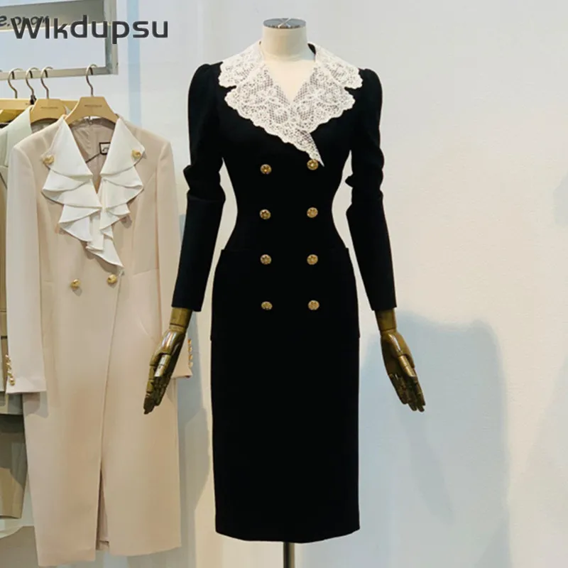 

Элегантное женское платье весна-осень с длинным рукавом винтажные кружевные Роскошные Дизайнерские корейские офисные женские повседневные праздничные приталенные платья одежда