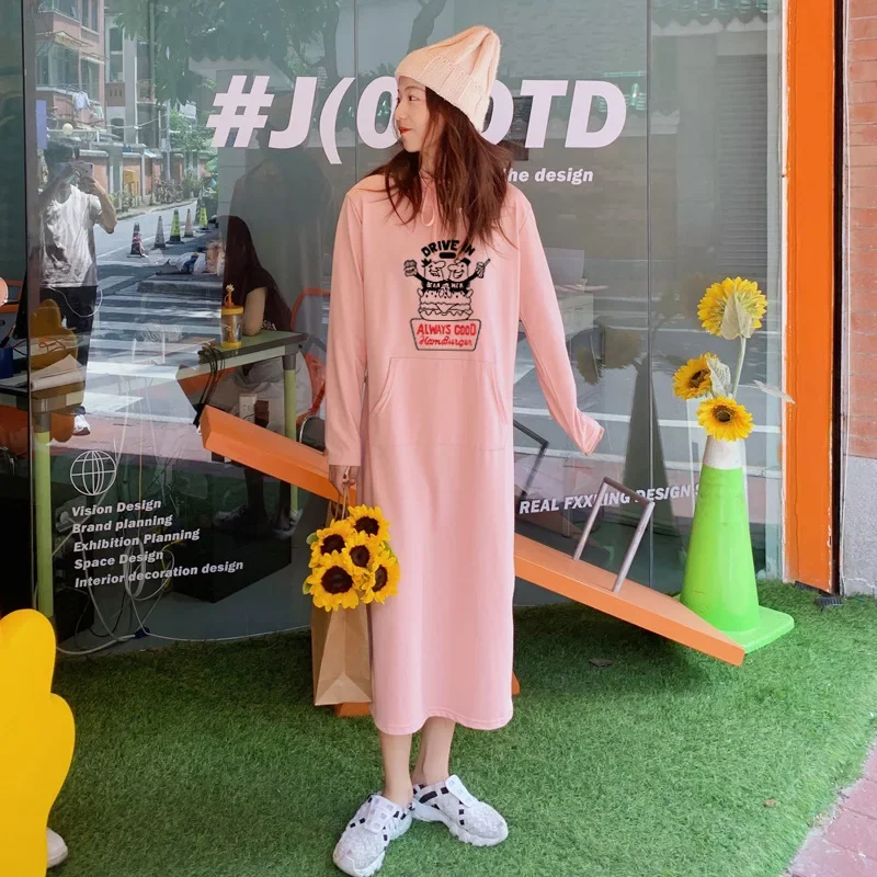 Spring Autumn Thin Printed Sweatshirt Dress Long Sleeve Pullover Hooded Loose-Fit Plus Size |