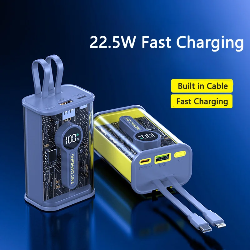 

New Transparent Style 20000mAh Portable Charger 22.5W Super Fast Charge Power Bank Digital Display Built in Cable Backup Battery