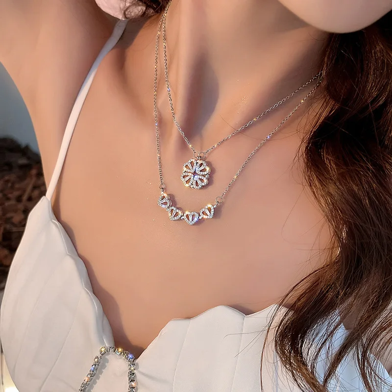 

New Fashion Design Heart Four-leaf Clover Magnetic Pendant Necklace Women Love Clavicle Chain Gifts Openable Choker Jewelry