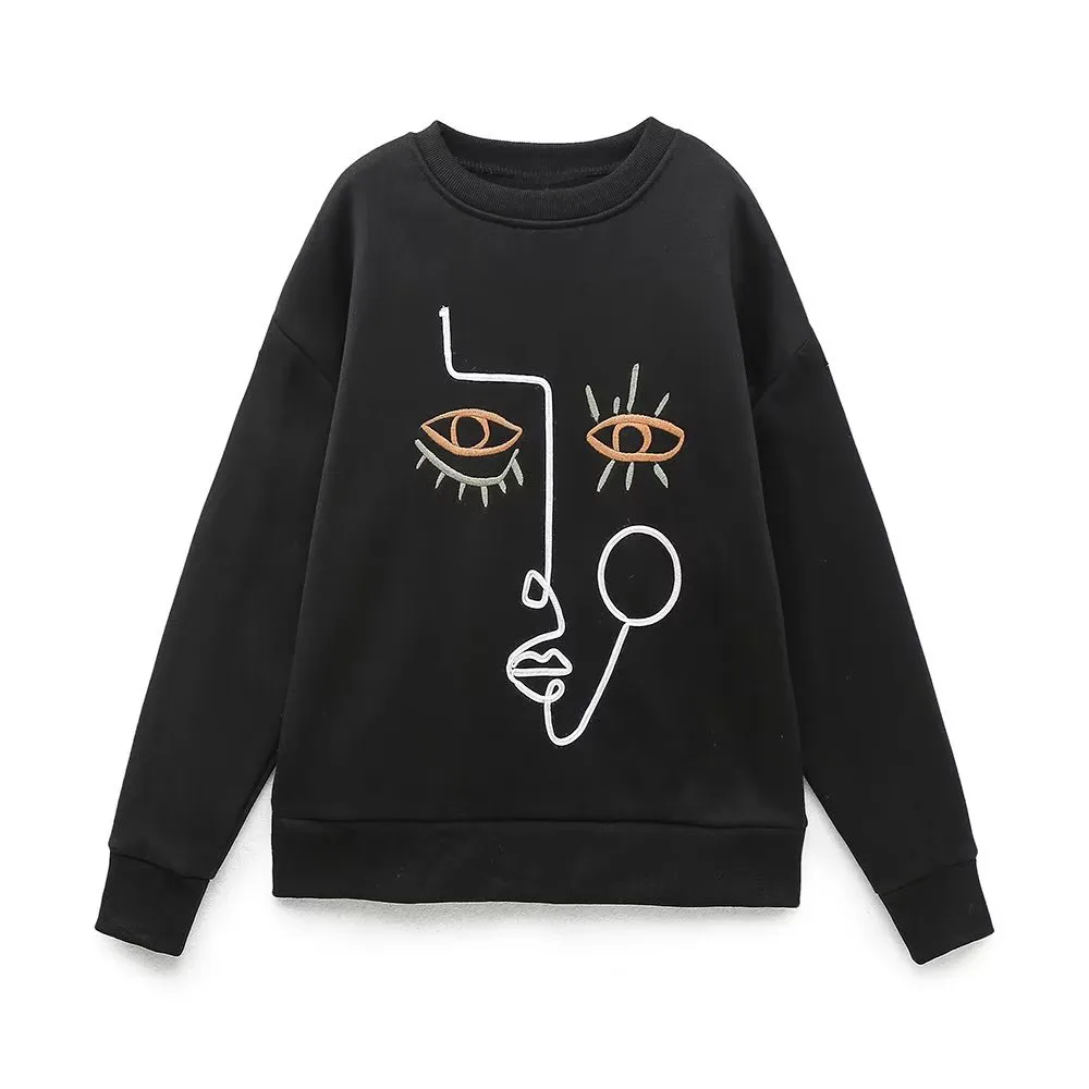 

BER&OYS&ZA Autumn/Winter women's fashion round neck texture with embroidery pattern casual loose hoodie