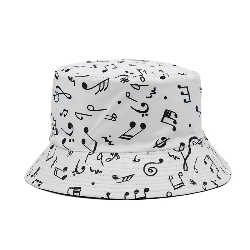 

2022 Fashion Harajuku Double Sided White Music Note Bucket Hats Sun Caps Hip Hop Man Womens Fisherman Caps Men Womens Hats