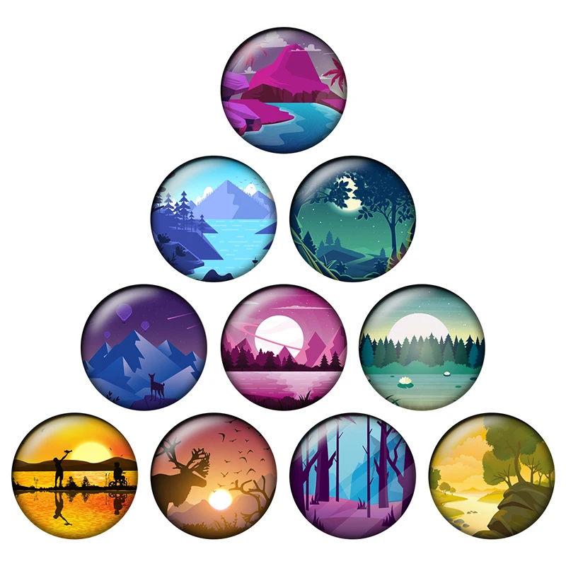 

Colorful Landscape illustration Pattern 24pcs/lot 10mm-25mm Round photo glass cabochon demo flat back Making findings H056