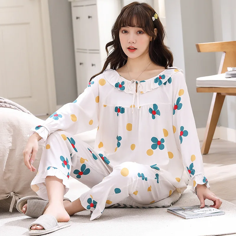 

Пижамный комплект женский с цветочным принтом, свободная одежда для сна, хлопковая шелковая ночная рубашка с длинным рукавом, домашний кост...