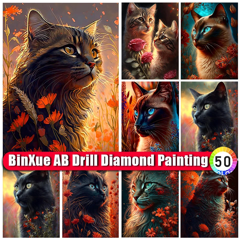 

BinXue 2023 New AI Art 5D DIY Fantasy Cat AB Diamond Painting Animal Cross Stitch Handmade Rose Flower Mosaic Home Decor Gift