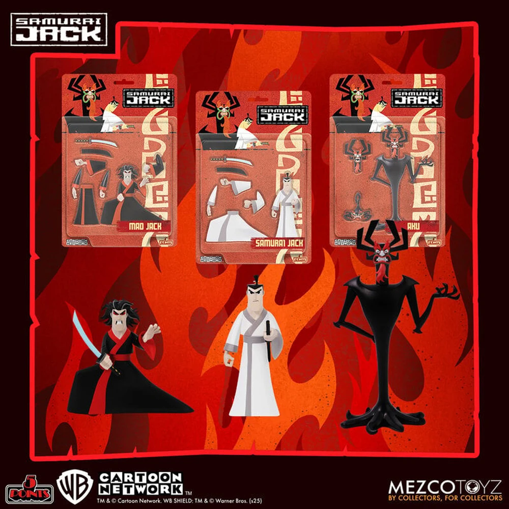 Фото Фигурка Mezco Toyz 5 Points Samurai Jack/Mad Jack/Aku, 3,75 дюйма, коллекционная модель, гаражный набор (не костюм) №1
