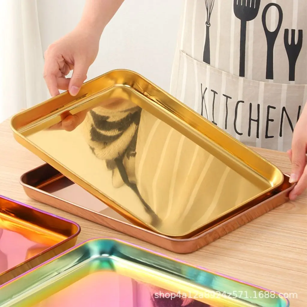 

Colorful Rectangle Large Baking Pan Stainless Steel For Bread,Fruit Table Tray Metal Plates Room Decor Barbecue Dish