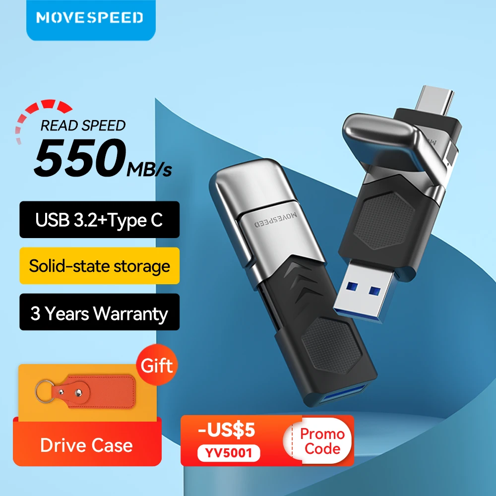 USB флеш накопитель MOVESPEED 2 в 1, 3,2 Мб/с, 550/512/256/128 ГБ