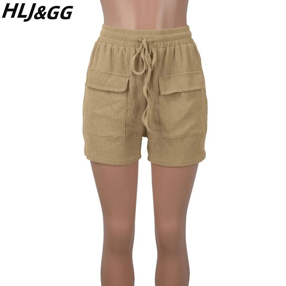 HLJ&GG Casual Sporty Shorts Women High Waisted Drawstring Loose Shorts Summer Solid Color with Pocket Bottoms Female Streetwear