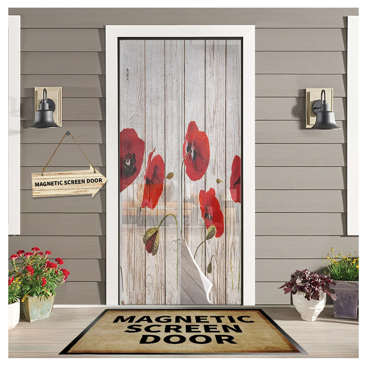 

Vintage Wooden Texture Red Poppy Flower Curtain Anti Mosquito Insect Curtains Magnetic Net Mesh Door Screen Kitchen Curtain