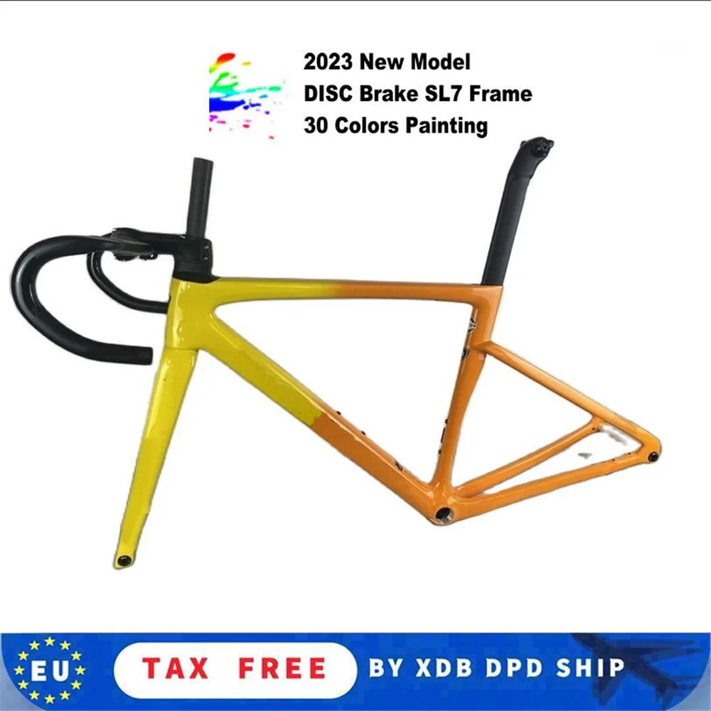 

T1000 Women Sl7 Bicycle Frames Disc Brake Carbon Road Frameset Yellow Orange With Handlebar Custom painting DPD UPS