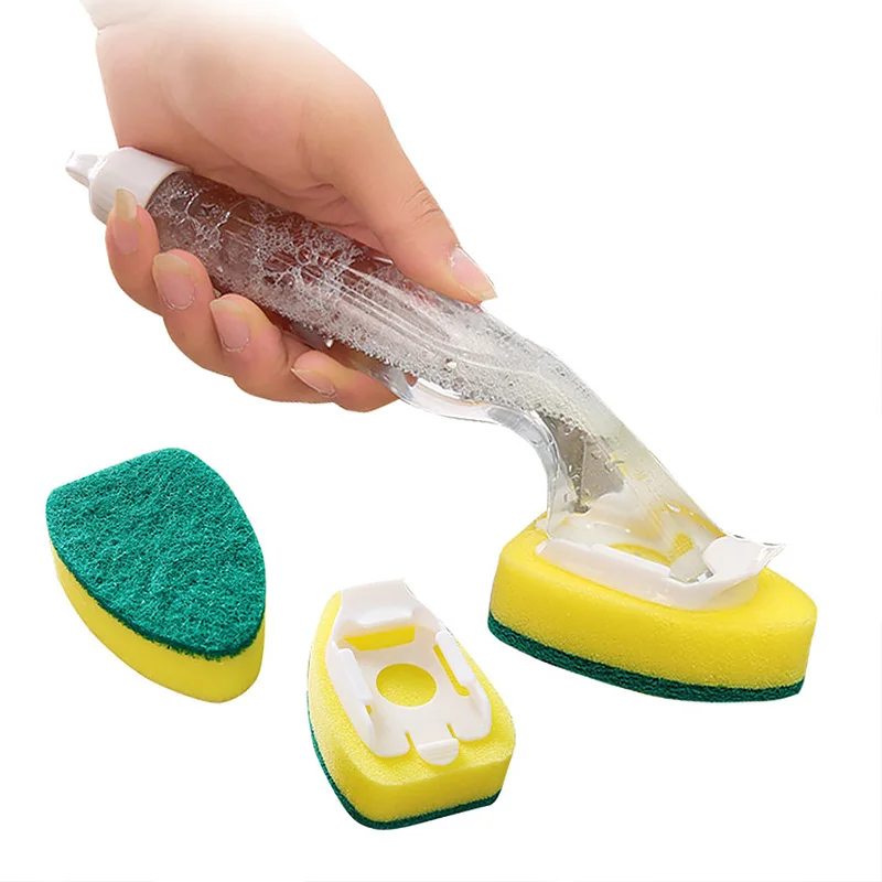 

3 Pcs Replaceable Cleaning Brush with Refill Liquid Handle Scouring Pad Sponge Brush Dispenser Dish Scrubber Home Dishwash Tool