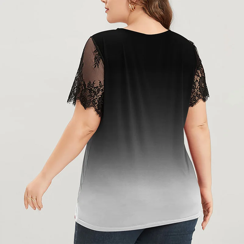 Lace Patchwork Solid T-Shirt Crew Neck Fashion Gradient Color Short Sleeve Hook Flower Hollow Pullover Plus Size Tops Women