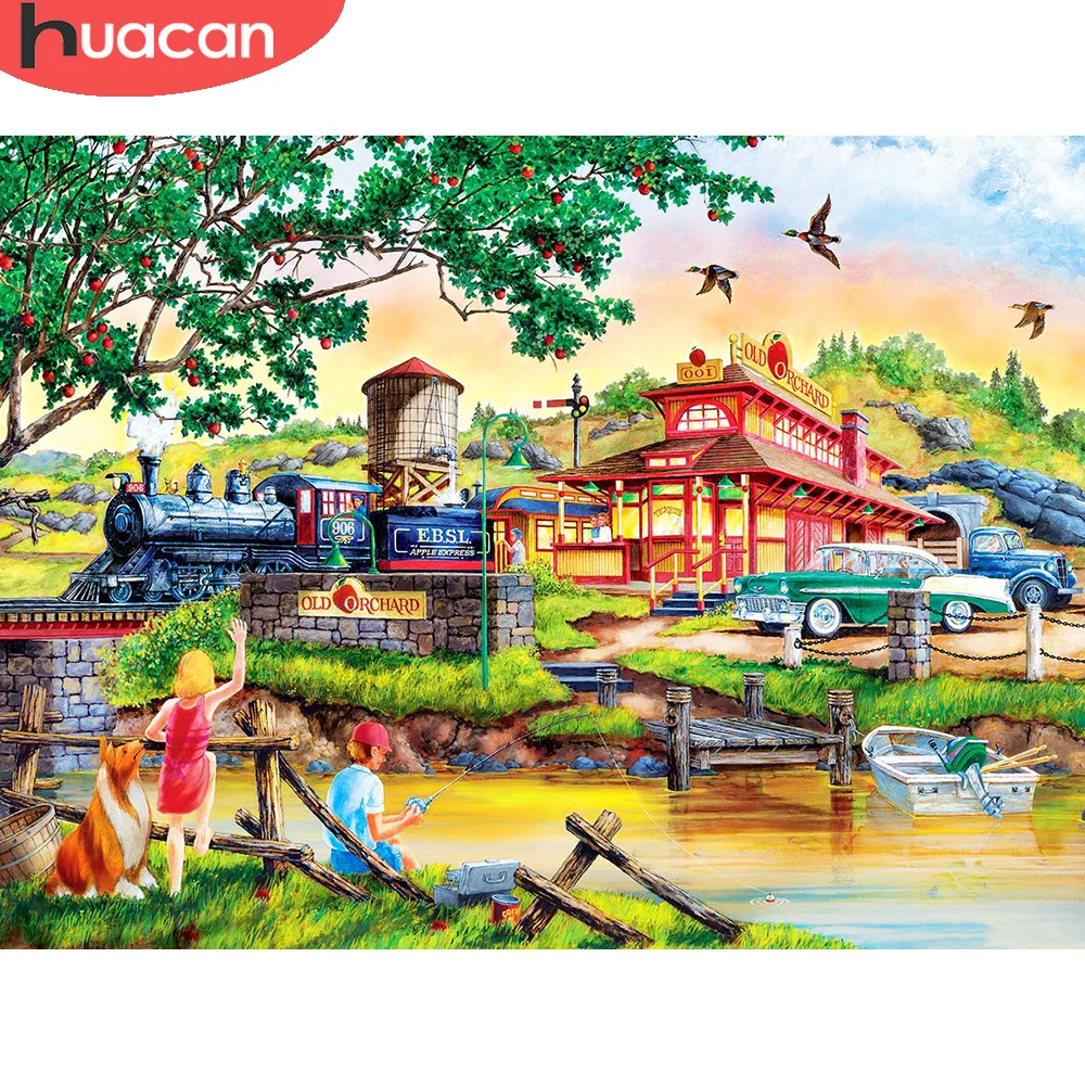 

HUACAN алмазная мозаика полная дом поезд Полная площадь алмазная вышивка распродажа пейзаж картина стразами декор для дома