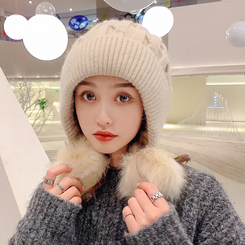 

New rabbit fur solid color knitted hat warm plus fluff ball wool hat outdoor riding ladies winter hat