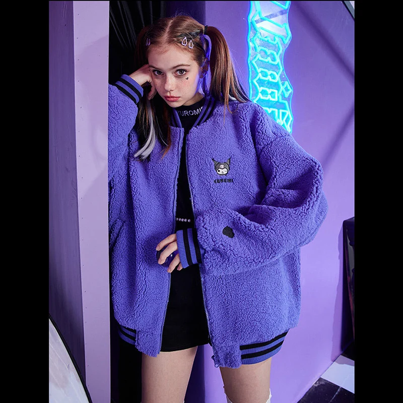 

Fashion Sanrio Baseball Uniform Clothing Cute Kuromi Autumn Winter Lamb Wool Comfortable Jacket Kawaii Girls Long Sleeve Tops