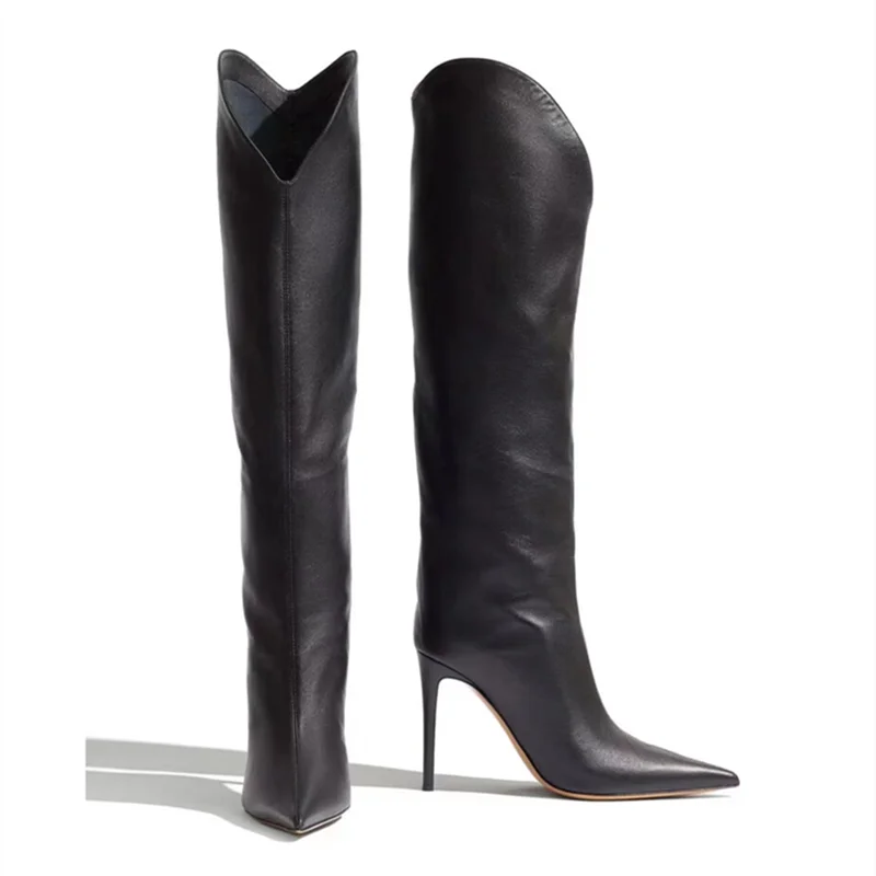 Soft Durable Winter Boots Pointy Toe Slip-on Solid Boots Knee High Heel for Women Short Fashion Shoes Big Size 43