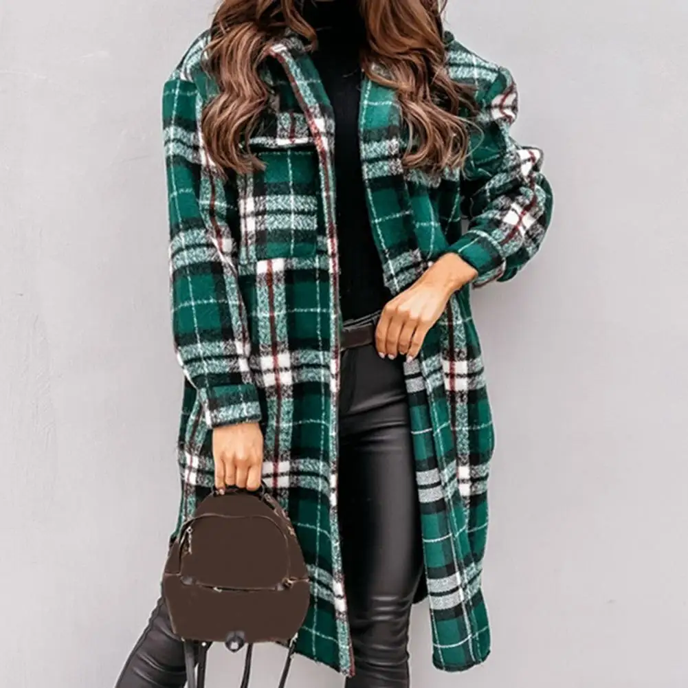 

Women Coat Plaid Print Flap Pockets Woolen Coat Jacket Coat All-Match Plaid Print Buttons Closure Jacket Coat for Date