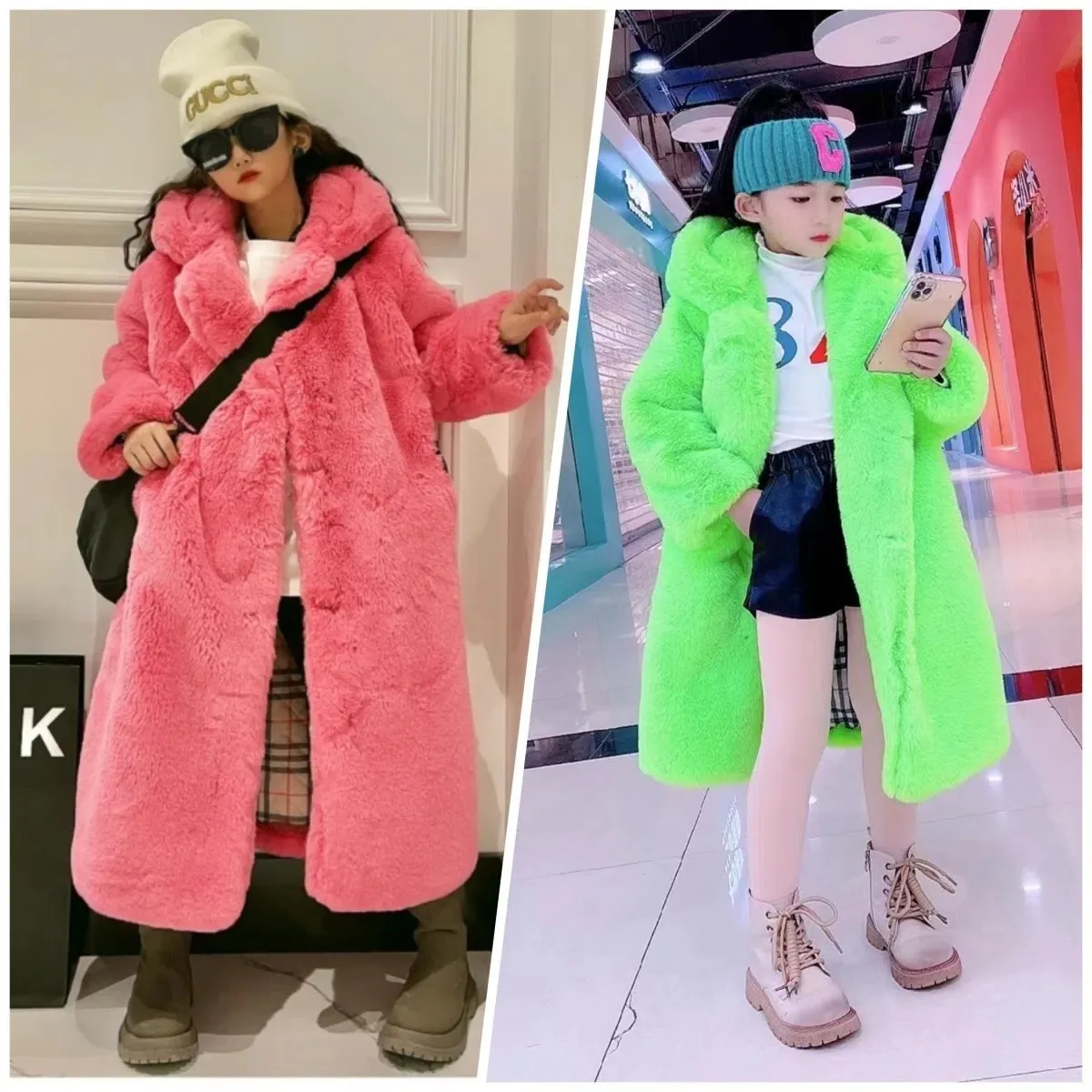 Rabbit Fur Imitation Overcoat Children's Thick Long Hooded Coat Warm Fur For Kids OverCoat Thick Warm Plus Size Plush Coats