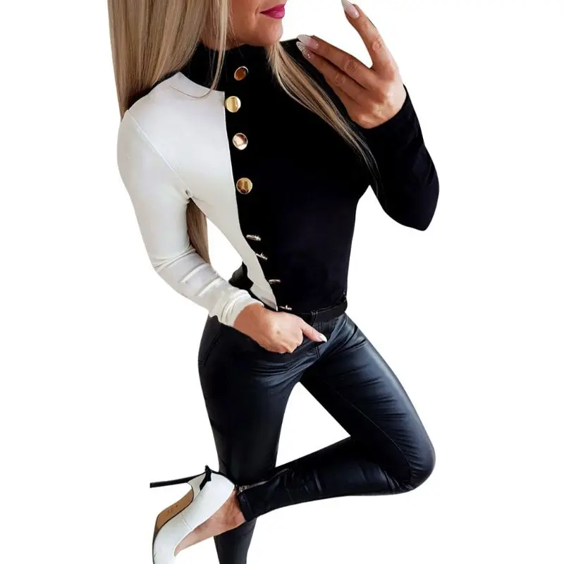 

Women Long Sleeve Buttons Slim Tops Color Block Patchwork Turtleneck T-Shirts