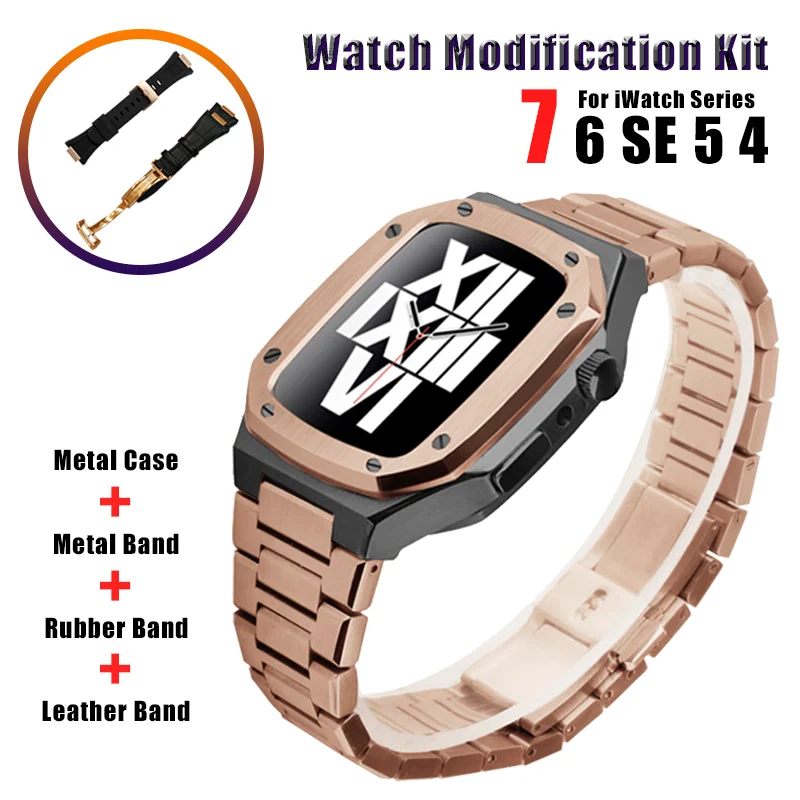 

Modification Kit for Apple Watch 7 45MM Stainless steel Strap Case for iWatch Series 6 SE 5 4 44MM Rubber Leather Band Set